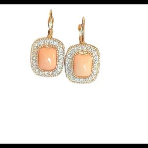 Rhinestone Crystal Faux Coral Earrings Lever Back Excellent Costume w Gift Box